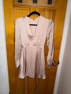 Lovers + Friends Blush Satin Long-Sleeve V-Neck Mini Dress